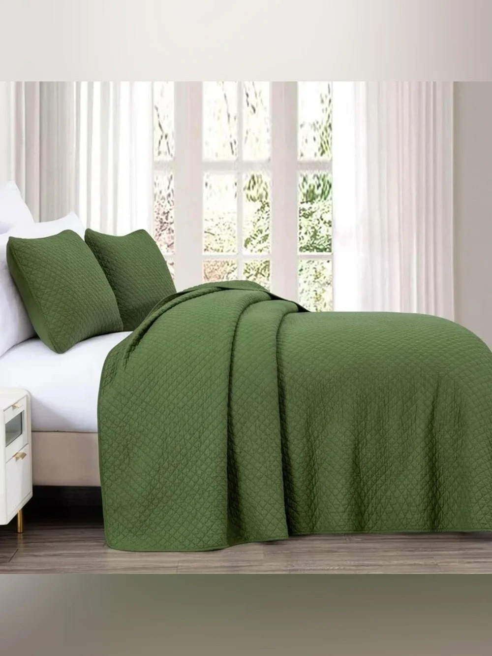 Green Quilted Queen 3 piece Bedspread Set 100% cotton